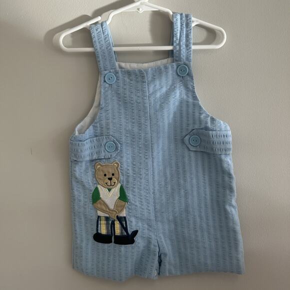 Vintage 2T Boy Blue Shortall Bear Golf Embroidered Back Pocket Lined Summer - Picture 1 of 9